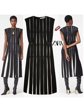 ZARA BLACK WHITE WOOL BLEND BOX PLEAT DRESS SPECIAL LIMITED EDITION Sz M NWT